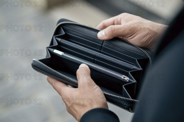 Hands holding empty black wallet. Concpet for financial struggle and economic hardship. Generative AI, AI generated
