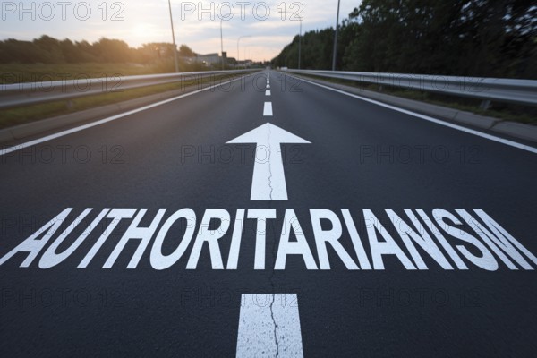 Road with white word 'authoritarianism' and arrow written on it. Generative AI, AI generated