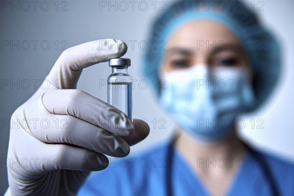 Close up of female scientist's gloved hand carefully holding a vial with clear liquid. Generative AI, AI generated