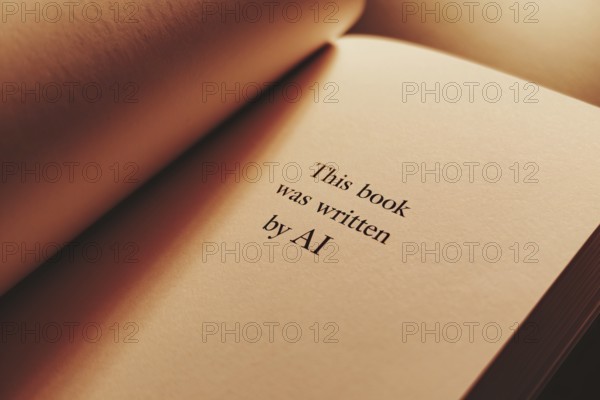 Close up of first page of a novel book with text saying 'This book was written by AI'. Generative Ai, AI generated