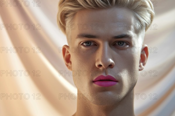 Young caucasian man with short blond hair and with pink lipstick. Generative Ai, AI generated