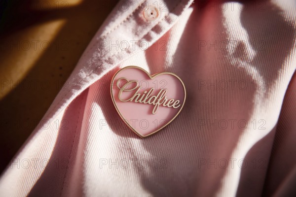 Pink childfree brooch on cotton shirt symbolizes women's freedom and the choice to live without children. Generative ai, AI generated