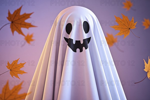 Child dressed as cute smiling ghost under a white bedsheet with floating autumn leaves, capturing whimsical Halloween joy and autumn magic. Generative ai, AI generated