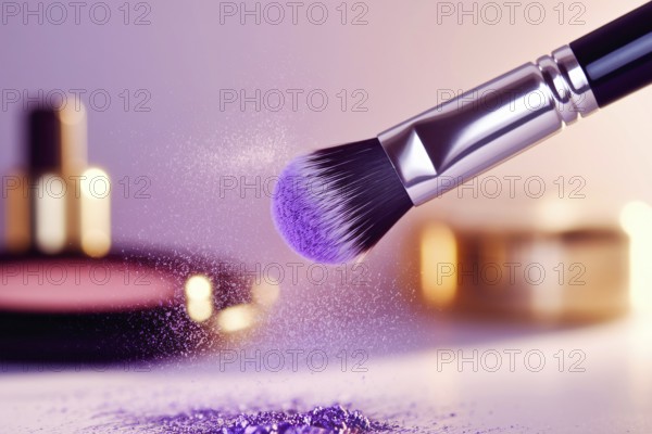Makeup brush with shimmering purple eyeshadow. A luxurious display of beauty, elegance, and feminine artistry. Generative ai, AI generated