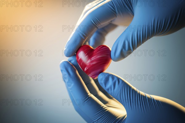 Gloved hands holding a miniature heart. A symbol of medical care, compassion, and emotional connection. Generative ai, AI generated
