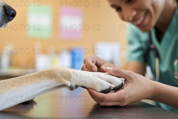 Female veterinarian gently examining a dog's paw. Generative ai, AI generated