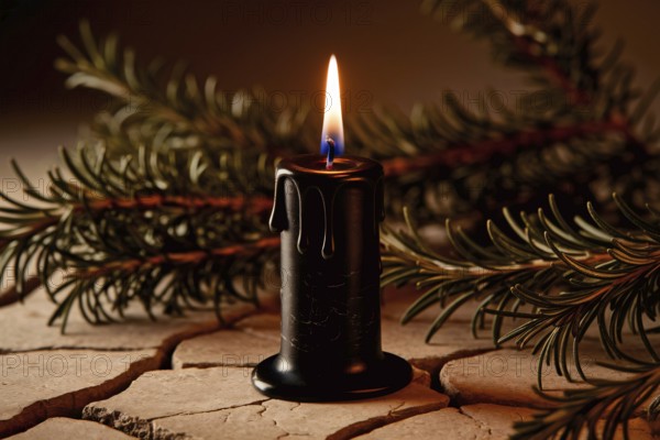 Black candle burning on cracked stone with rosemary. A symbol of witchcraft, ritual, and mysticism. Generative AI, AI generated