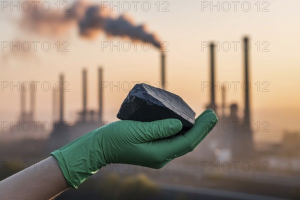 Green glove holding coal in front of smoking chimneys. A striking symbol of greenwashing and industrial hypocrisy. Generative ai, AI generated