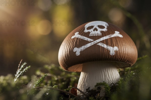 Skull and crossbones painted on mushroom warns of toxic danger in forest. Generative ai, AI generated