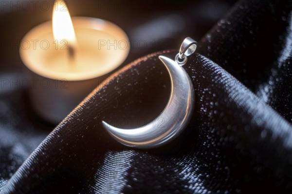 Silver crescent moon pendant glowing in candlelight on black velvet, symbol of witchcraft and lunar magic. Generative ai, AI generated