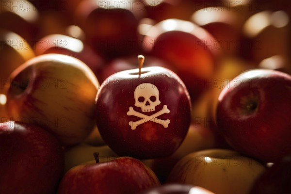 Red apple with carved poison skull among fresh fruit at farmer's market, symbolizing hidden toxins in food. Generative ai, AI generated