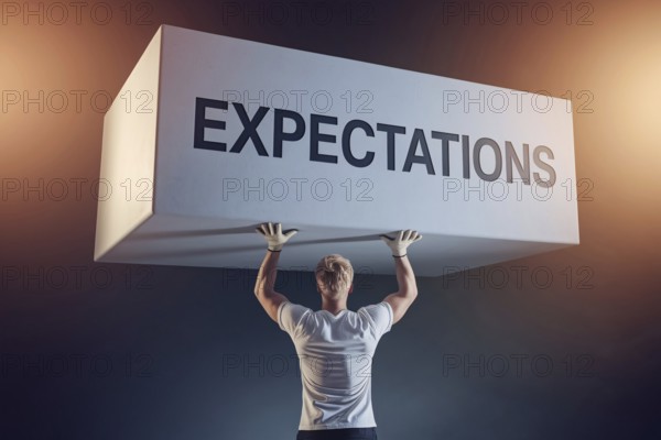 Man straining under block labeled expectations with work gloves, symbolizing male gender roles and societal pressure. Generative AI, AI generated