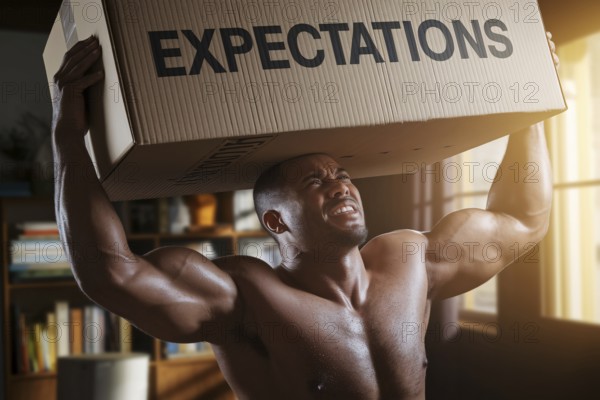 Man struggling to lift cardboard box labeled expectations in sunlit room, symbolizing male societal pressure and emotional burden. Generative AI, AI generated
