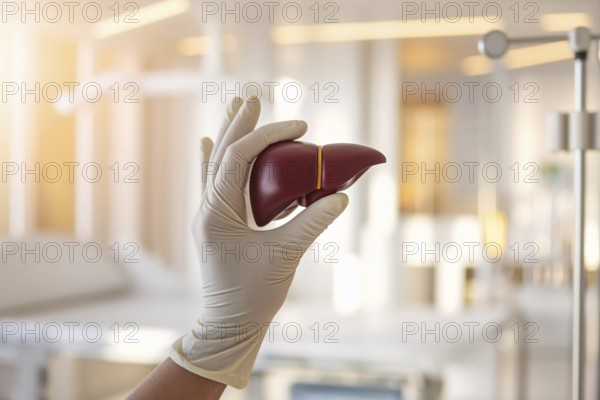Gloved hand holding liver model in softly lit hospital room, symbolizing liver health, diagnosis, and precision medical care. Generative AI, AI generated