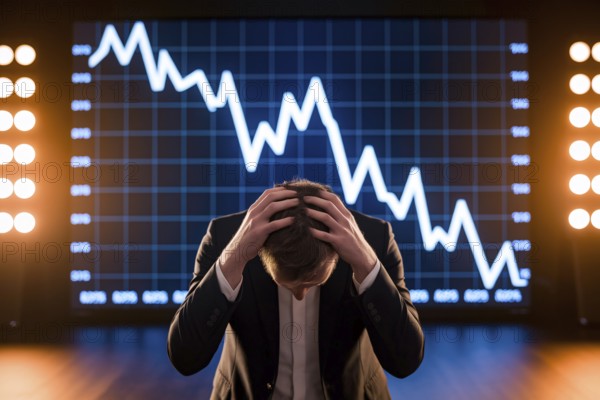 Stressed male investor reacting to stock market crash. Concept of financial loss, economic downturn, and emotional impact of market volatility. Generative ai, AI generated