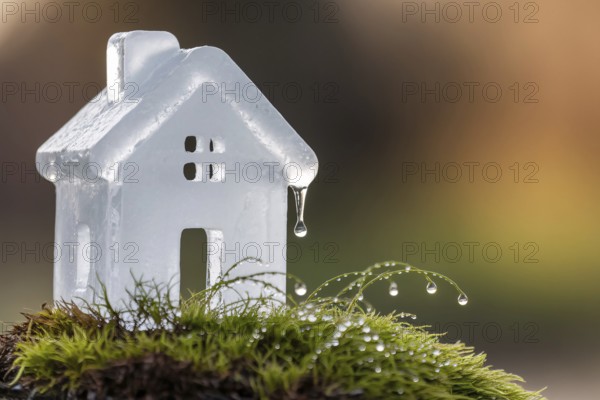 Ice cube-shaped house symbolizing air conditioning, eco living, and climate control in a warming world. Generative ai, AI generated