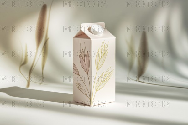 Minimalist oat milk carton with pastel oat illustrations on white background with soft meadow-inspired accents. Generative ai, AI generated