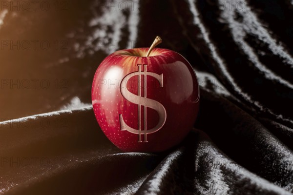 Carved dollar sign on apple. A symbol of rising food costs and economic pressure. Generative ai, AI generated