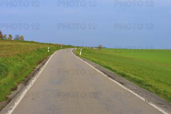 Country road leads through wide green fields under a clear sky, Hornbach, Walldürn, Odenwald, Neckar-Odenwald Kreis, Baden-Württemberg, Germany