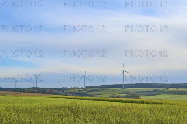 Wind turbines stand in a sunny and wide landscape, Buchen, Odenwald, Neckar-Odenwald district, Baden-Württemberg, Germany