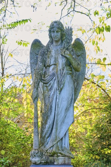 Angel made of stone with sword in an autumnal setting, surrounded by colourful leaves, cemetery, Mannheim, Baden-Württemberg, Germany