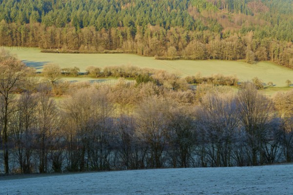 Winter landscape with fields and wooded hills in the morning light, Kirchzell, Amorbach, Odenwald, Bavaria, Germany