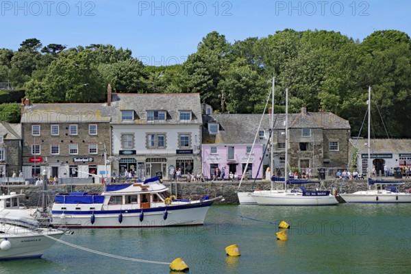 Harbour with sailing boats and picturesque buildings against a wooded background, Padstow, Cornwall, Cornwall, England, United Kingdom