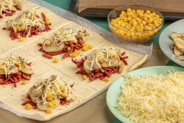 Sliced dough squares with tomato paste, bacon, mushrooms, sweetcorn, cheese and oregano alongside other ingredients for pizza, balls