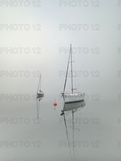 Sailboats in the fog on Lake Starnberg, Bavaria, Germany
