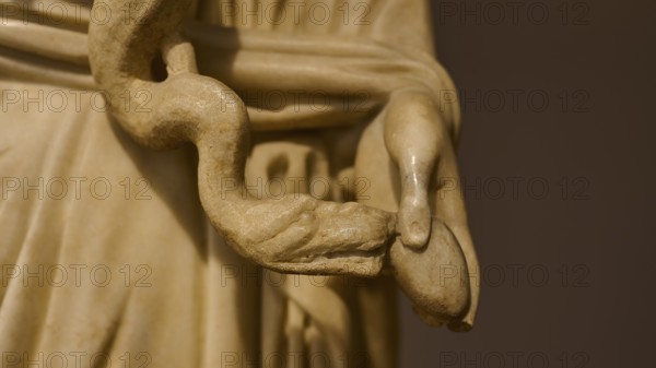 Close-up of a marble hand holding a snake, conveying detail, Hygieia, goddess of health holding a snake, Archaeological Museum, Kos Town, Kos, Dodecanese, Greek Islands, Greece