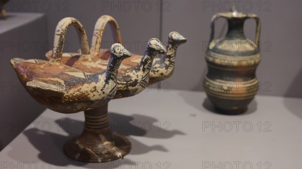 Ceramic vessel with triple bird's head design, artistically decorated, Archaeological Museum, Kos Town, Kos, Dodecanese, Greek Islands, Greece