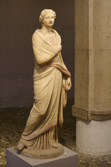 Ancient marble sculpture of a classical woman in a draped robe in the museum, Archaeological Museum, Kos Town, Kos, Dodecanese, Greek Islands, Greece