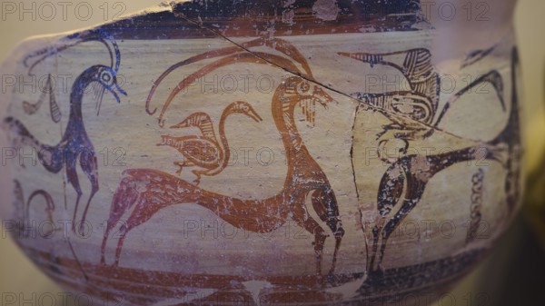 Antique vase with geometric art motifs of goats and birds in red and beige, Archaeological Museum, Kos Town, Kos, Dodecanese, Greek Islands, Greece