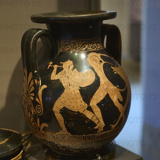 Antique vase depicting two warriors fighting in black and red, Amazonian battle, Antimacheia, Archaeological Museum, Kos Town, Kos, Dodecanese, Greek Islands, Greece