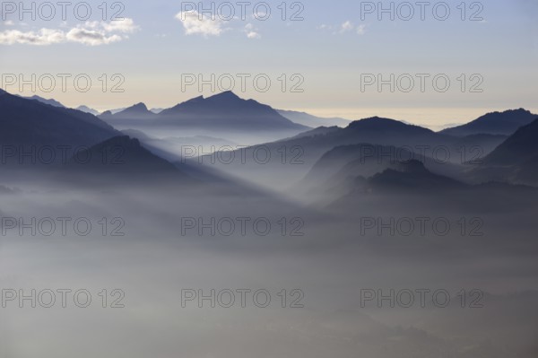 Mountain silhouettes... Alpine peaks and mountain ranges in the Bavarian Alps, romantic view from Oberstdorf towards Kleinwalsertal, Bavaria, Allgäu, Allgäu Alps, Germany