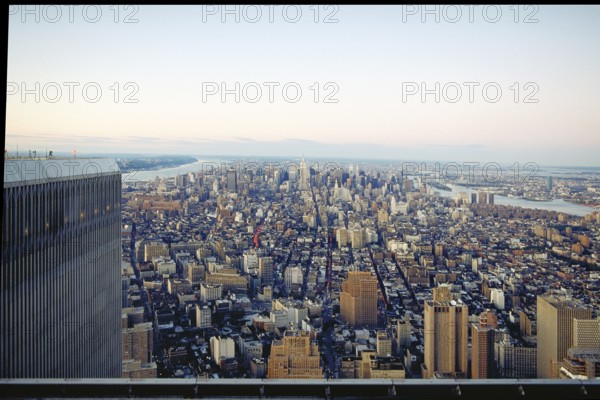 View in uptown direction from the Worl Trade Centre, on the left a tower of the Twin Towers, September 2000, New York City, USA