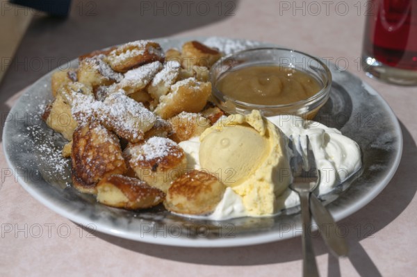 Kaiserschmarrn with ice cream and apple sauce, Bavaria, Germany