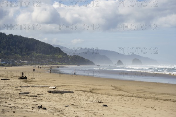 Sunny beach with large rocks in the sea and clear blue sky, peaceful and relaxing atmosphere, Cannon Beach, Oregon, USA, North America
