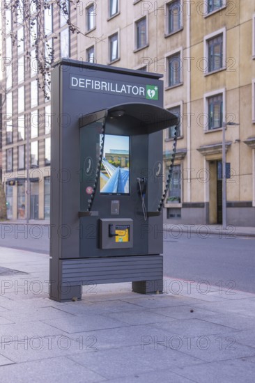 Defibrillator on a city street ready for emergency use in urban areas, London, United Kingdom, World
