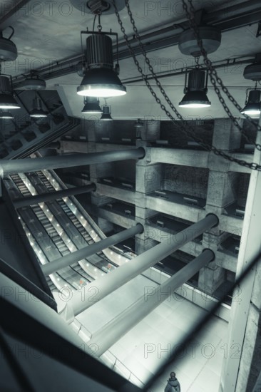 Futuristic interior with industrial elements and concrete, Westminster Station, London, United Kingdom