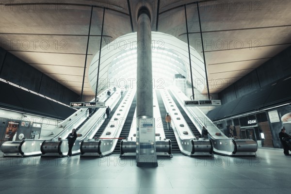 Modern escalators in a train station with symmetrical design and bright lighting, Canary Wharf Station, London, United Kingdom