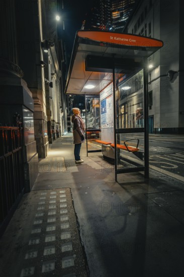 Person waiting at an illuminated bus stop in a quiet city street at night, London, United Kingdom, World