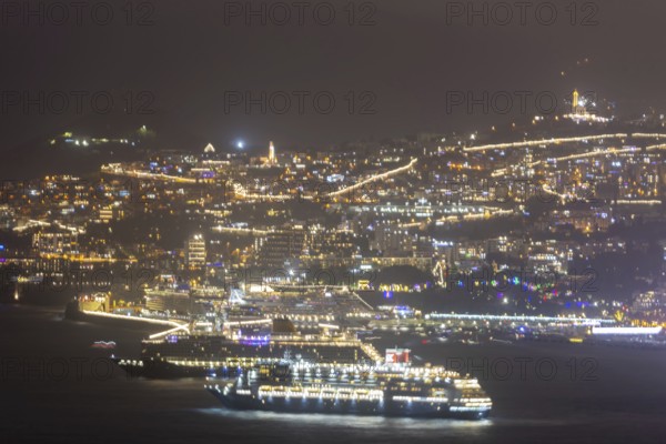 New Year's Eve, dusk, Atlantic Ocean, harbour with cruise ships, Funchal, Madeira, Portugal
