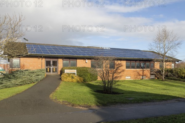 Solar panels on roof of Estates building, Whiteknights Campus, University of Reading, Reading, Berkshire, England, UK