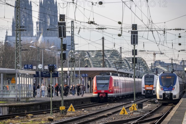 Regional trains at Cologne-Messe/Deutz station, 2nd largest station in Cologne, transfer station between long-distance and local transport, exhibition station, 8 platform tracks, North Rhine-Westphalia, Germany