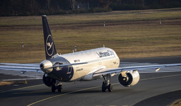 Lufthansa City Airbus A320neo on the taxiway to the runway at Cologne/Bonn Airport, CGN, North Rhine-Westphalia, Germany