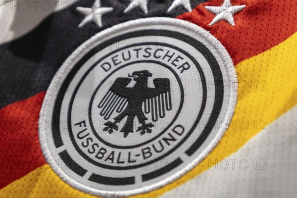 Close-up of the DFB (German Football Association) logo on the jersey of the German national football team