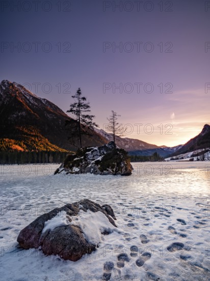 Rock island in frozen Hintersee, footprints on ice, evening light, Berchtesgaden National Park, Ramsau, Berchtesgadener Land, Upper Bavaria, Bavaria, Germany