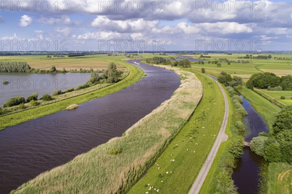 Aerial view of Hunte in front of Holler Siel, Weermarsch, Lower Saxony, Germany
