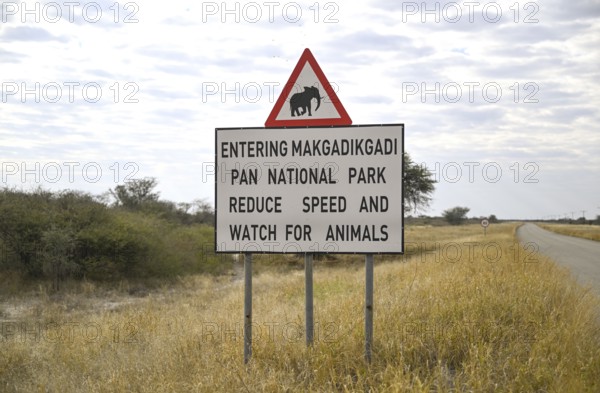 Sign near the entrance to Makgadikgadi Pans National Park, near Gewta, Central District, Botswana